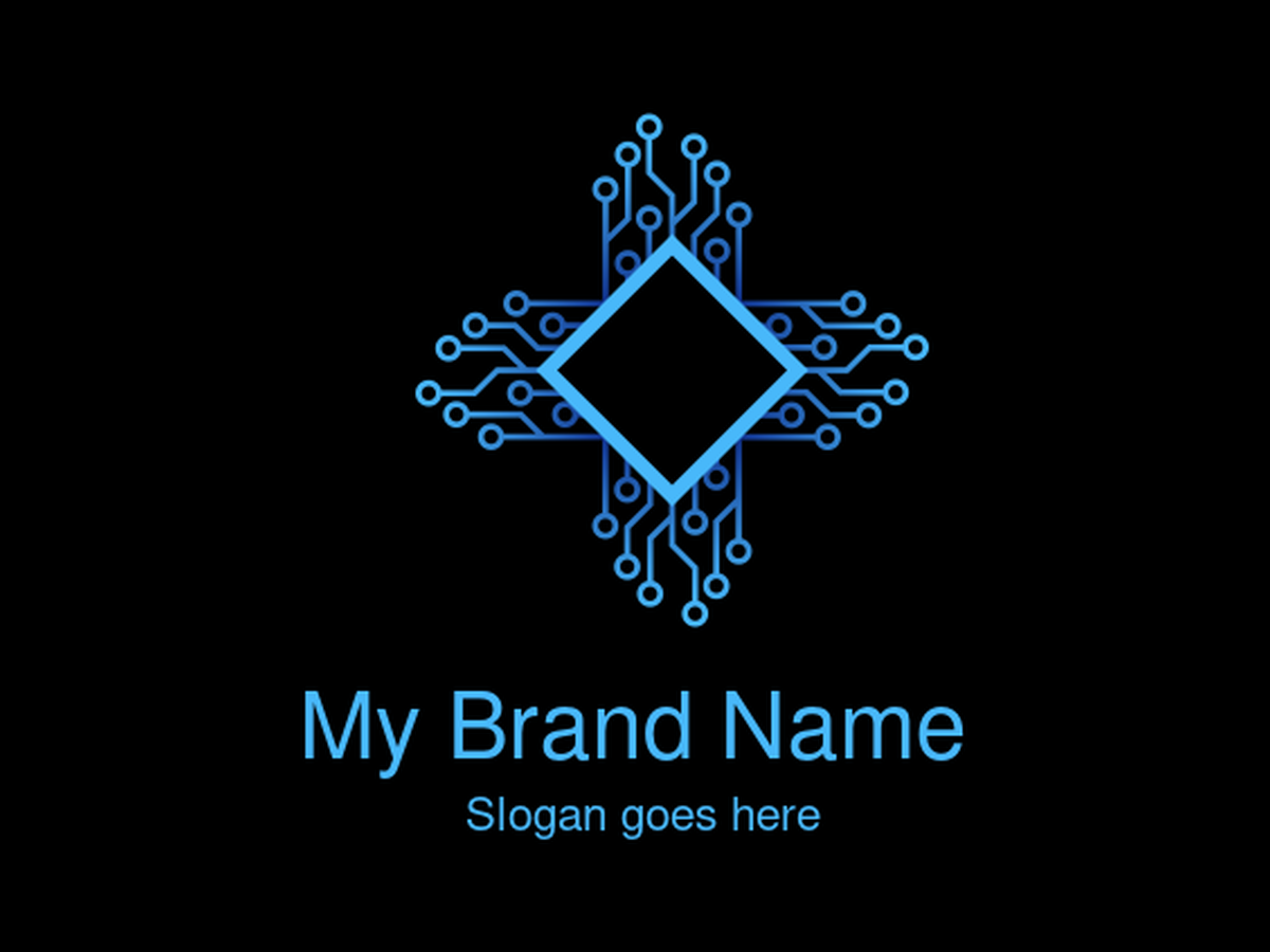 Modern Blue Tech Circuit Logo with Diamond Shape for AI, Digital Networks, Blockchain, and Hardware Brands